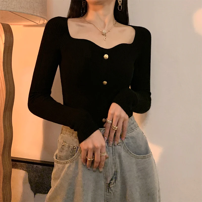 

Женская вязаная кофта в стиле ретро с квадратным вырезом, открывающим ключицы, приталенная, базовая, модная, для повседневной носки, с длинным рукавом, из чистого хлопка.