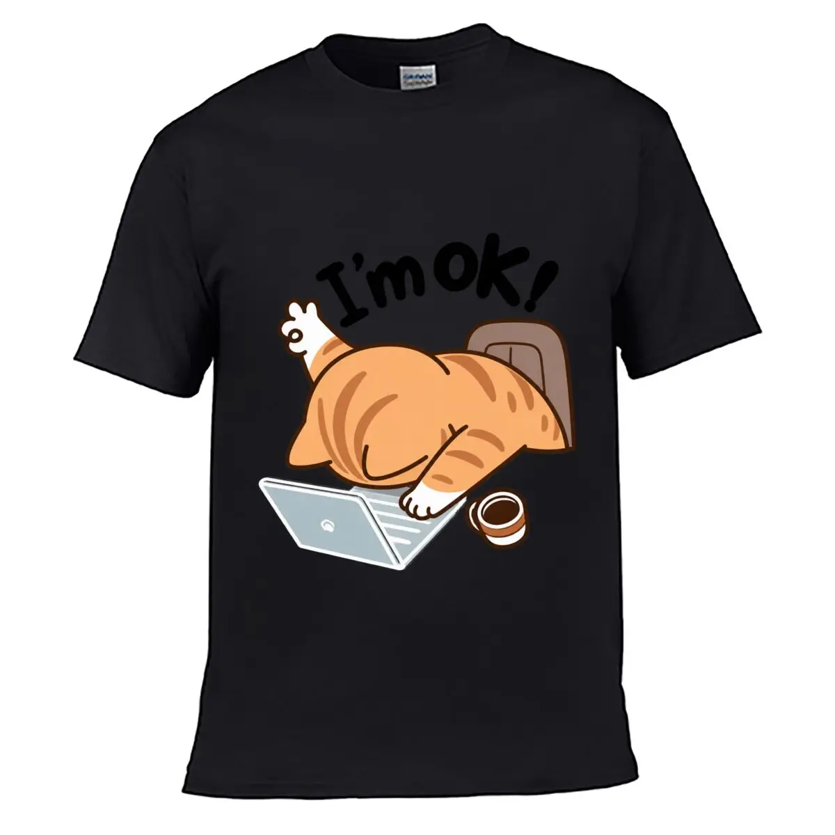 Im OK Sleeping Cat Laptop Coffee Illustration Men Summer T-shirt Top