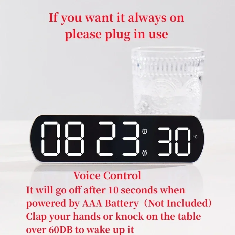 Voice Control Digital Alarm Clock TEMP Date Timer Countdown Night Mode Type-C USB 12/24H Anti-disturb Funtion 2 Alarms LED Clock