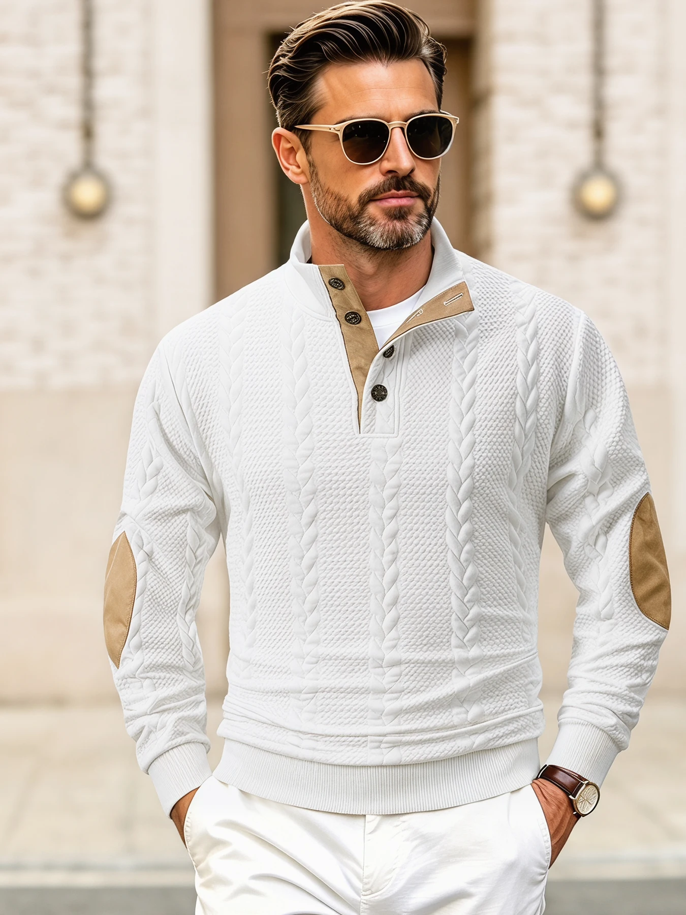 Men's Stand Collar Cable Knit Sweatshirt Autumn Winter Button Placket Elbow Patches Casual Daily Work Office Pullover