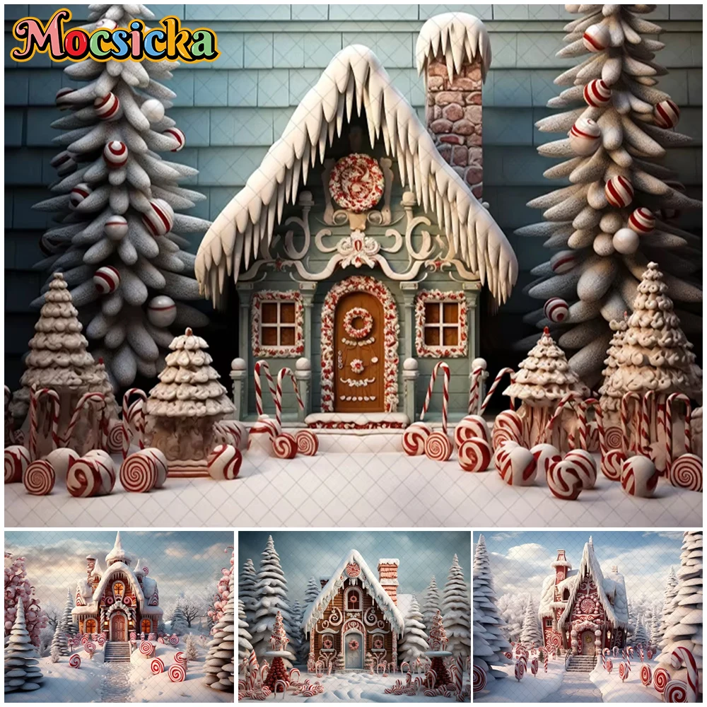 

Mocsicka Christmas House Photography Backdrop Xmas Tree Candy Winter Snow Decor Family Children Photo Backgrounds Shooting Props