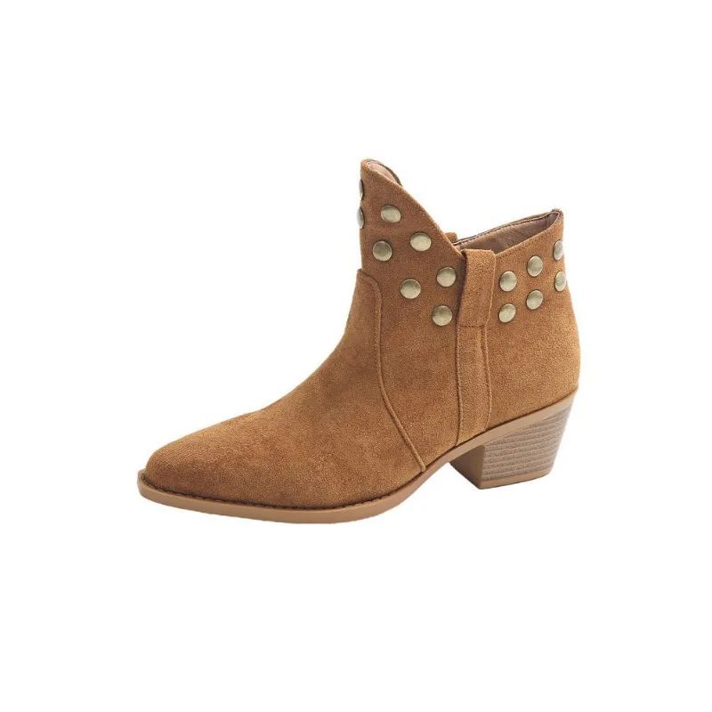 2025 Hot Selling High Quality Stylish Shorthole Boot Autumn New Pointed Toe Suede Rivet Non-Slip Wear-Resistant Block Heel Boots