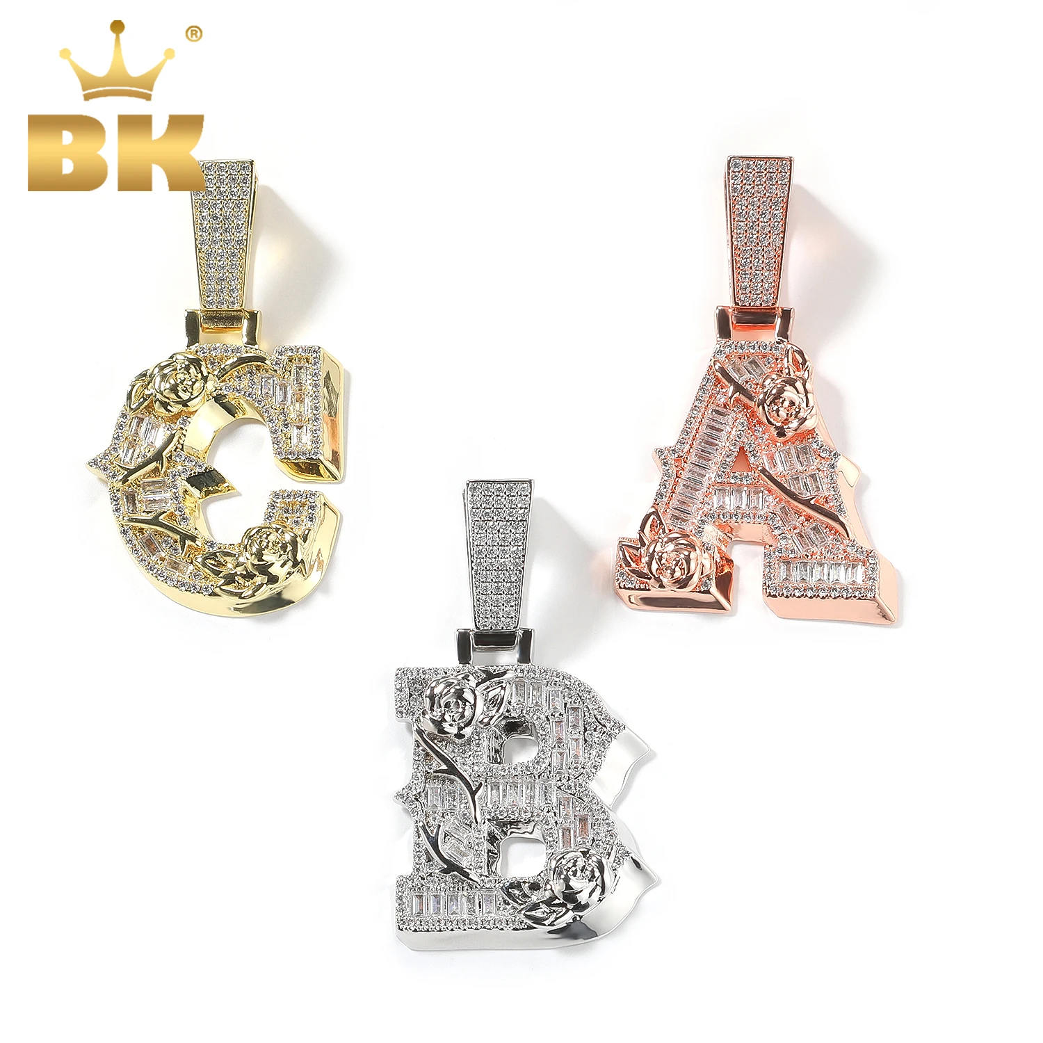TBTK Iced Out Custom Initial Letter Pendant Rose Flower Inlaid Baguettecz HipHop Custom Name Necklace For Men Women Jewelry Gift
