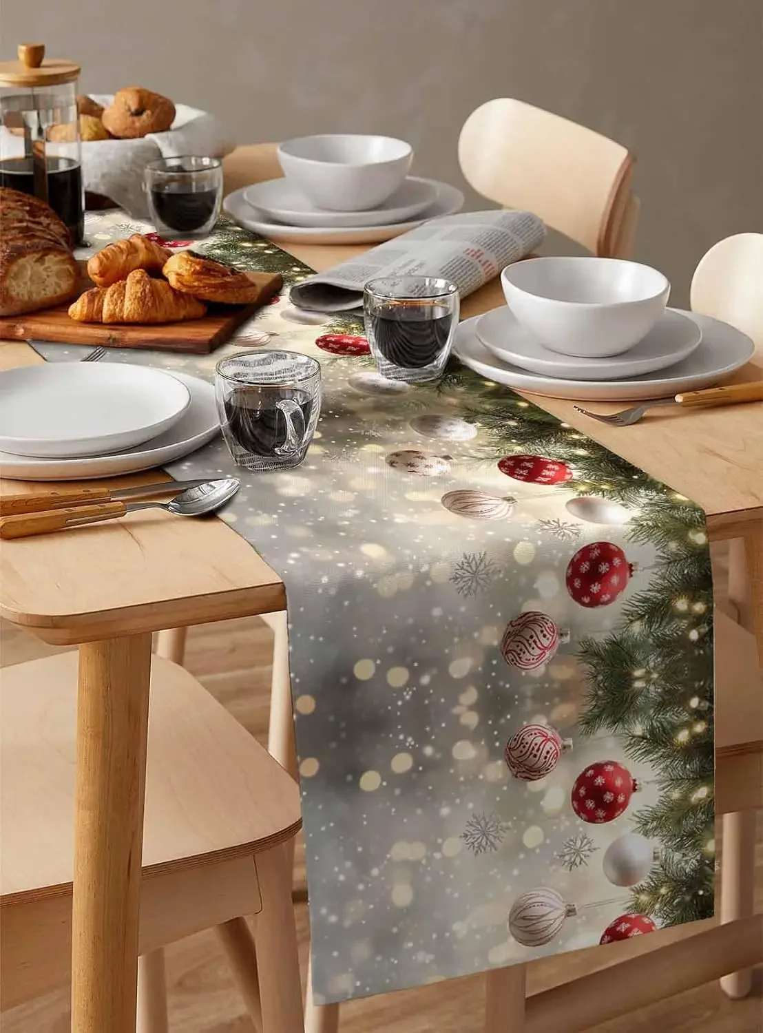 Christmas Snowflakes Pine Needles Xmas Balls Table Runner Party Decor Washable Kitchen Dining Table Runners Christmas Decoration