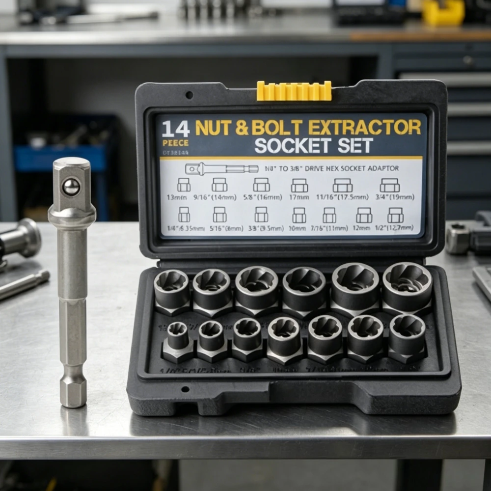 

14 Pcs Impact Bolt & Nut Remover Set Cr-Mo Steel Bolt Extractor Tool Set with Solid Storage Case for Industrial