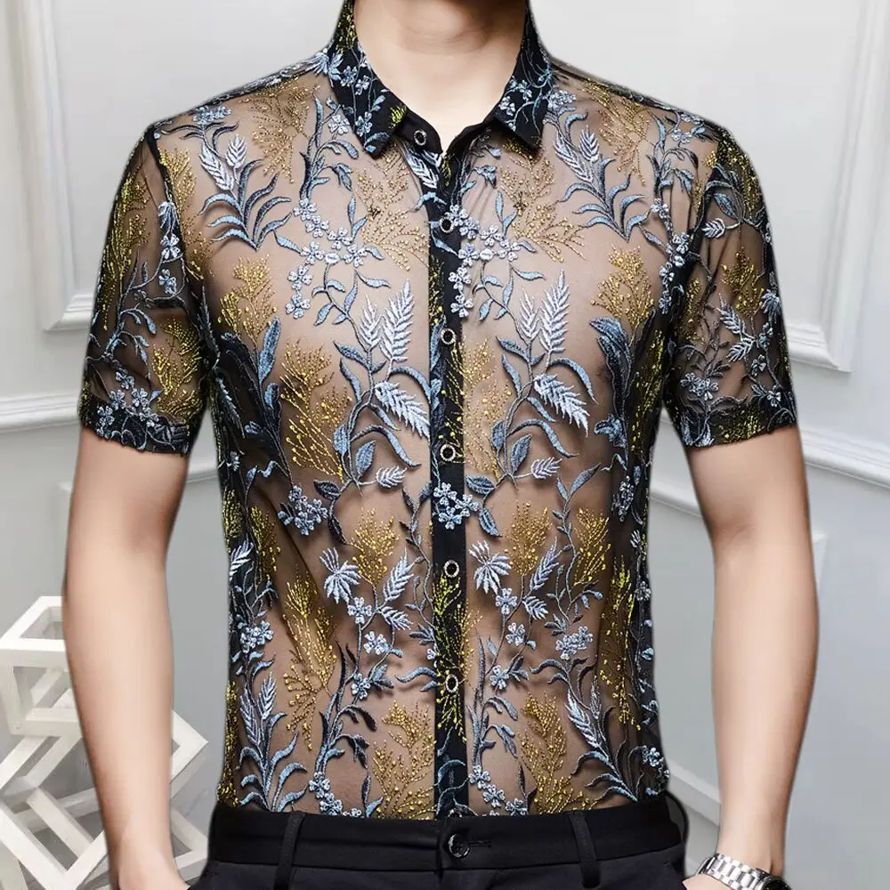Sexy Transparent Shirt  Emboridery Camisa Hombre Slim Mesh Shirt Men Outfit Top 4xl Flower See Through Shirt Club Party Shirt