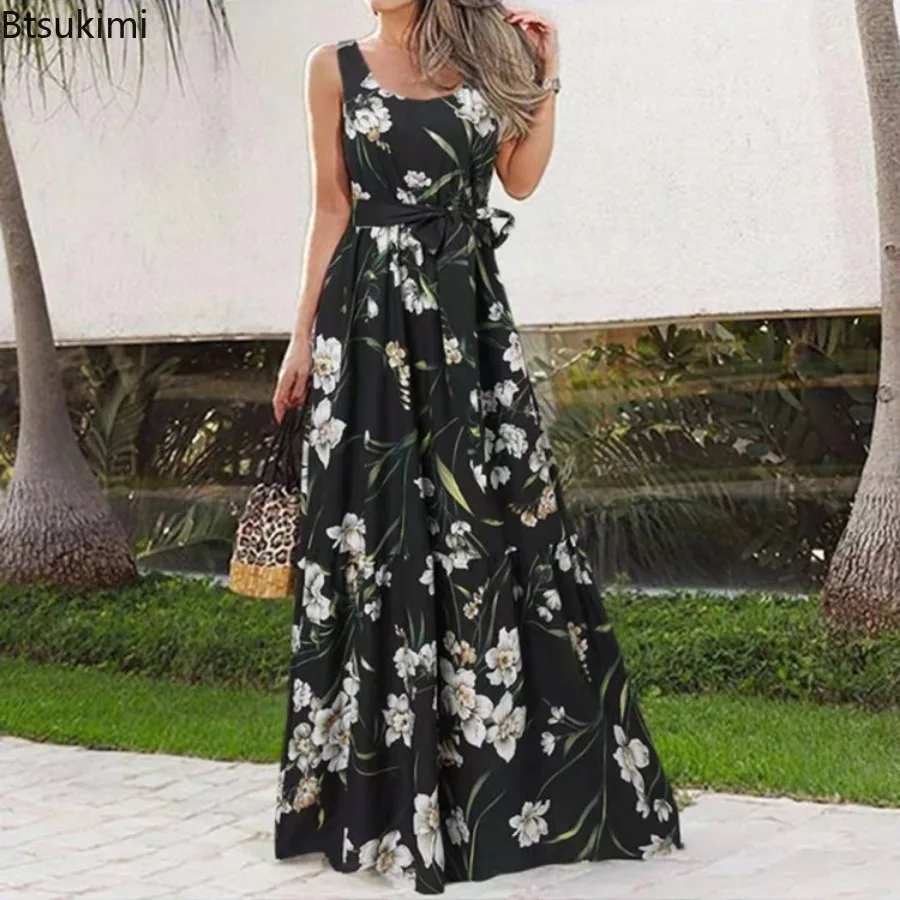 2024 Women's Summer Sleeveless Print Long Dresses Bohemian Slim Lace Up Big Hem Pleated Dress Vintage Vacation Maxi Dress Femme