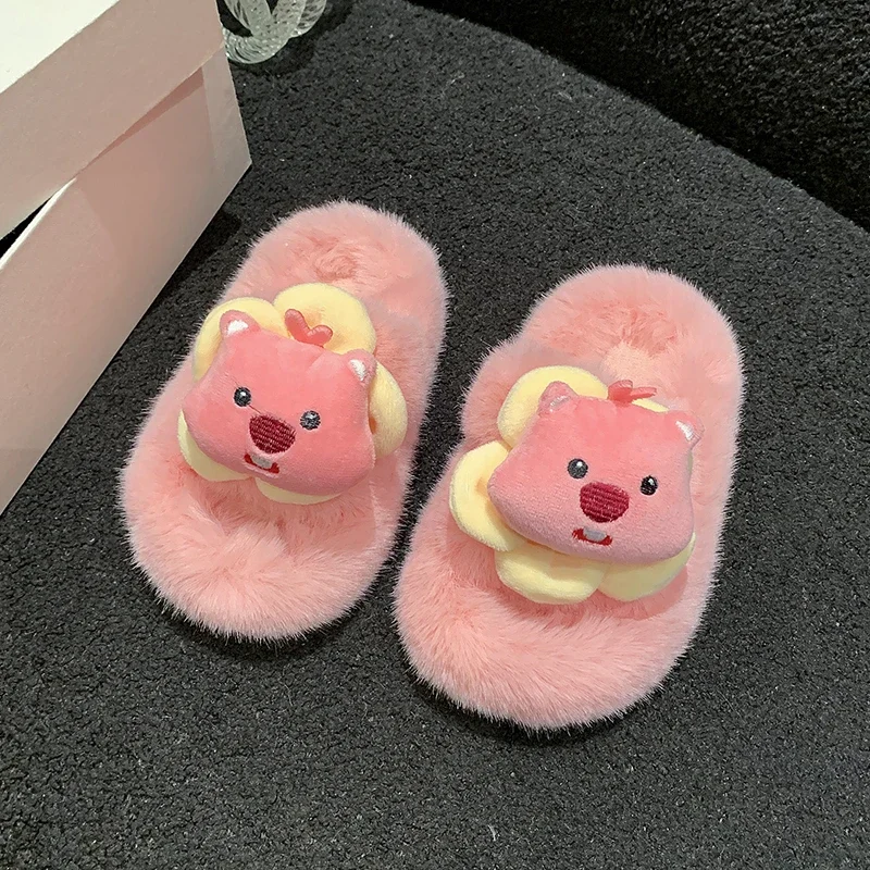 Pink/Black Girls One  Line Slippers with Teddy Bear Flowers Flat Heel Suede Anti Slip Warm Winter Home Casual Slippers De Mujer