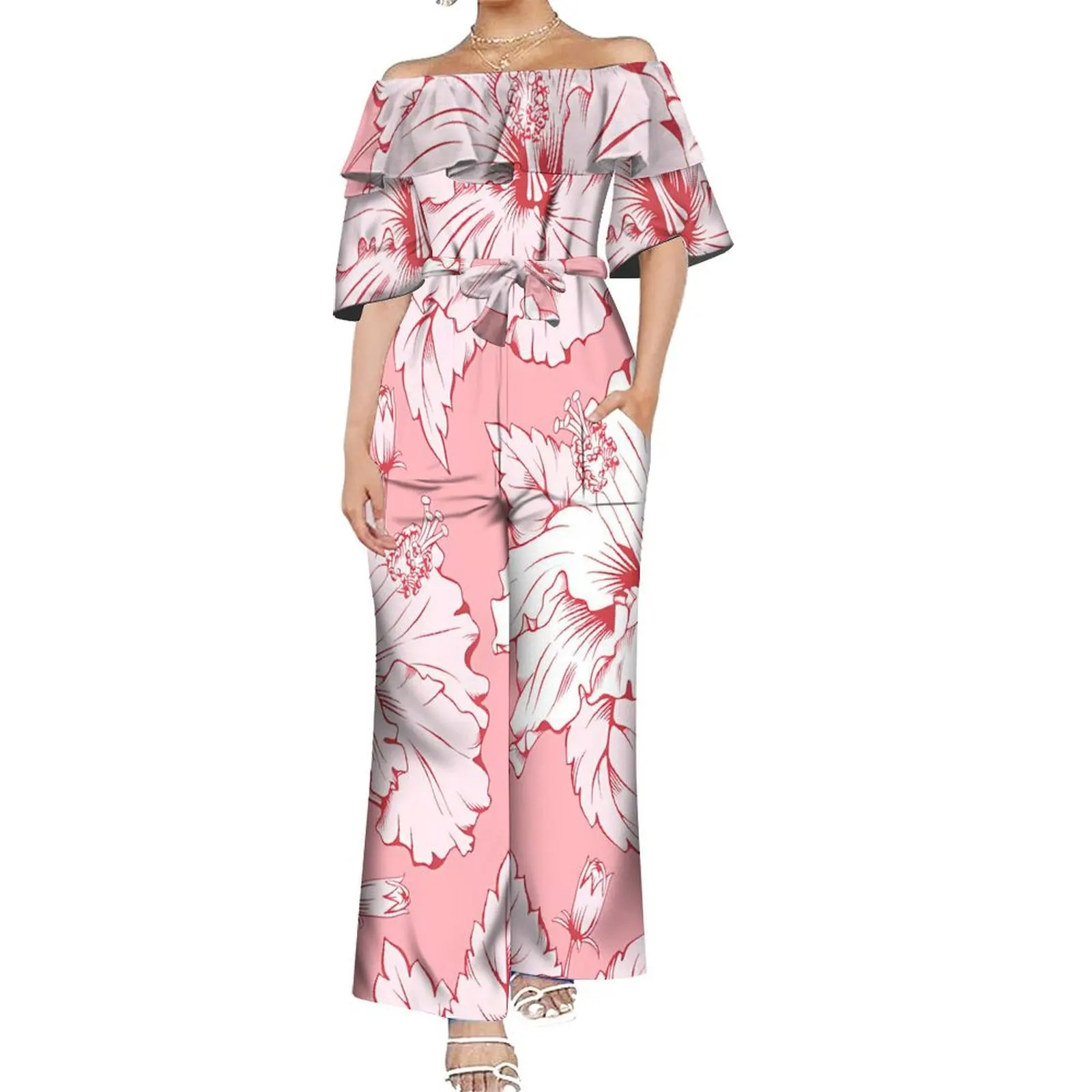 Summer Rompers Women Ethnic Print Custom Rompers Casual Long Trousers Polynesian Women's One-Shoulder Temperament Rompers