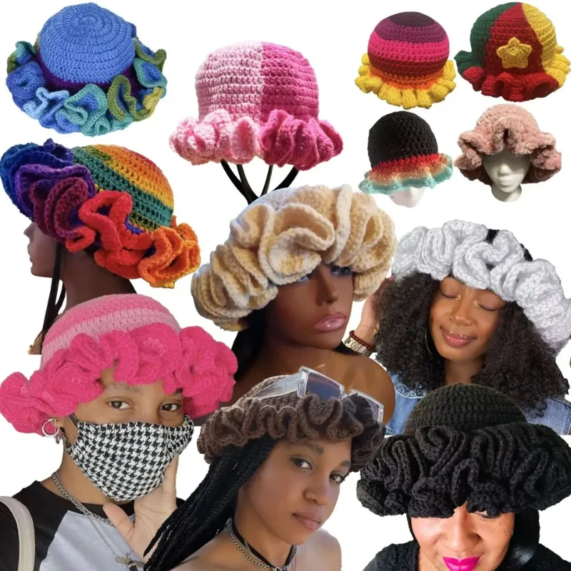 Fashion Tiktok Bucket Hat Adult Lace Woolen Cap Handmade Crochet Ruffles Sun Hat