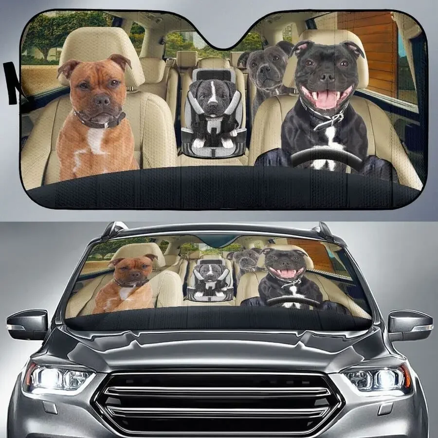 3D Staffordshire Bull Terrier Family Driving Dad Mom and Child Dog Lover Car Sunshade, Bull Terrier Car Window Sun Cover, Car Wi