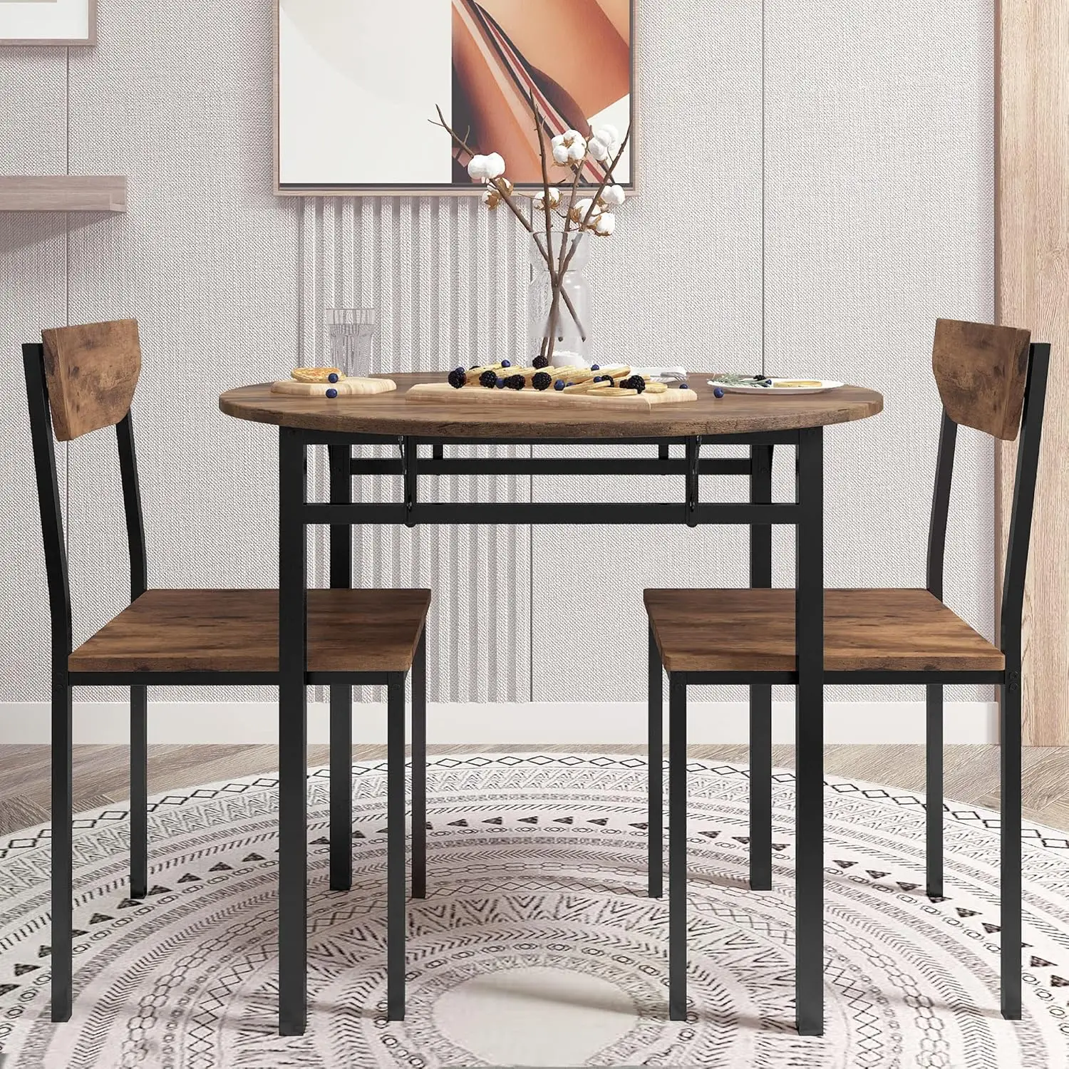 P Purlove 3 Piece Round Dining Table Set,Solid Wood Kitchen Table And Chair Set Of 2,Farmhouse Drop Leaf Table And 2 Chairs For