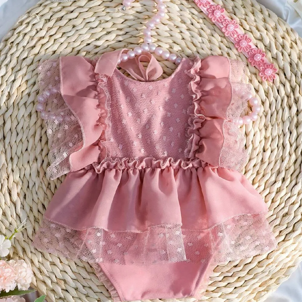 Cute Lace Details Newborn Romper Chiffon Material Bow Hairband Chiffon Romper Dusty Pink Dot Lace Romper Newborn Photography