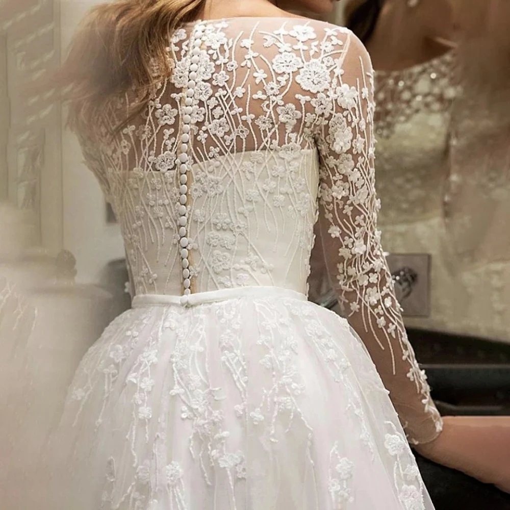 Elegant A Line Bridal Gowns 2024 O-Neck Long Sleeve Lace Sash Wedding Dress Customized High Quality Princess Bride Dresses