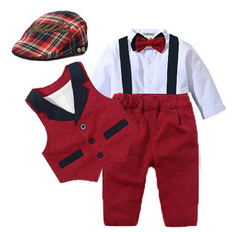 

Baby Suits Newborn Boy Clothes Romper + Vest + Hat Formal Clothing Outfit Party Bow Tie Children Toddler Birthday Dress 0- 24 M