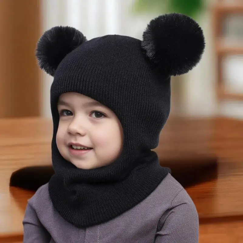 1Pcs Juniors Double Pom Poms Combined Hat Scarf Cute Balaclava Hats Boys Girls Cold Season Wool Ball Cap