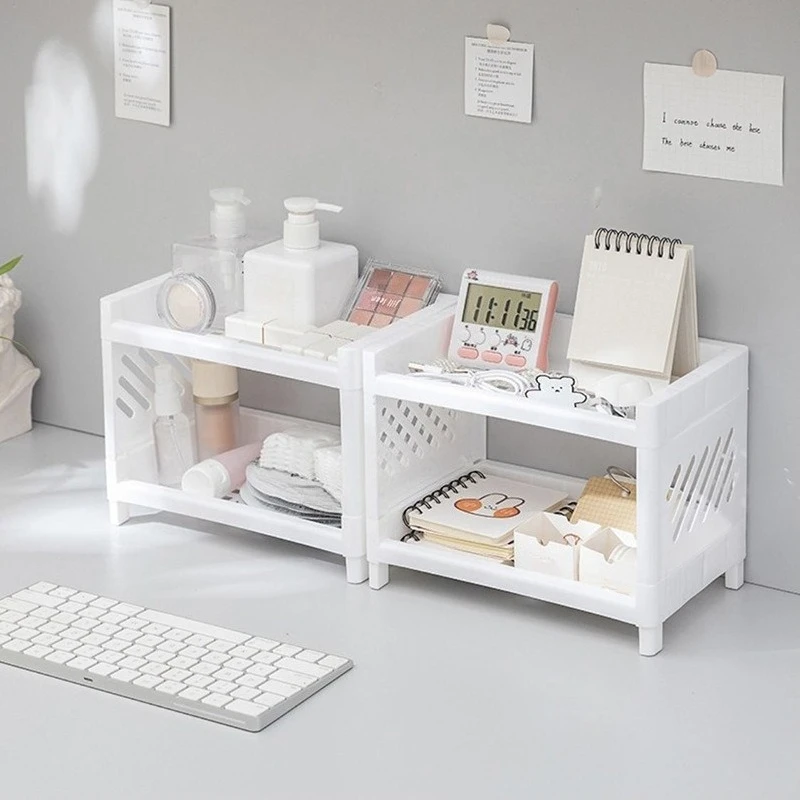 Doppelschichtiges Kunststoff-Aufbewahrungsregal, Desktop-Organizer für Bürobedarf, Kosmetik, Küche, Badezimmer, multifunktionales Tablett