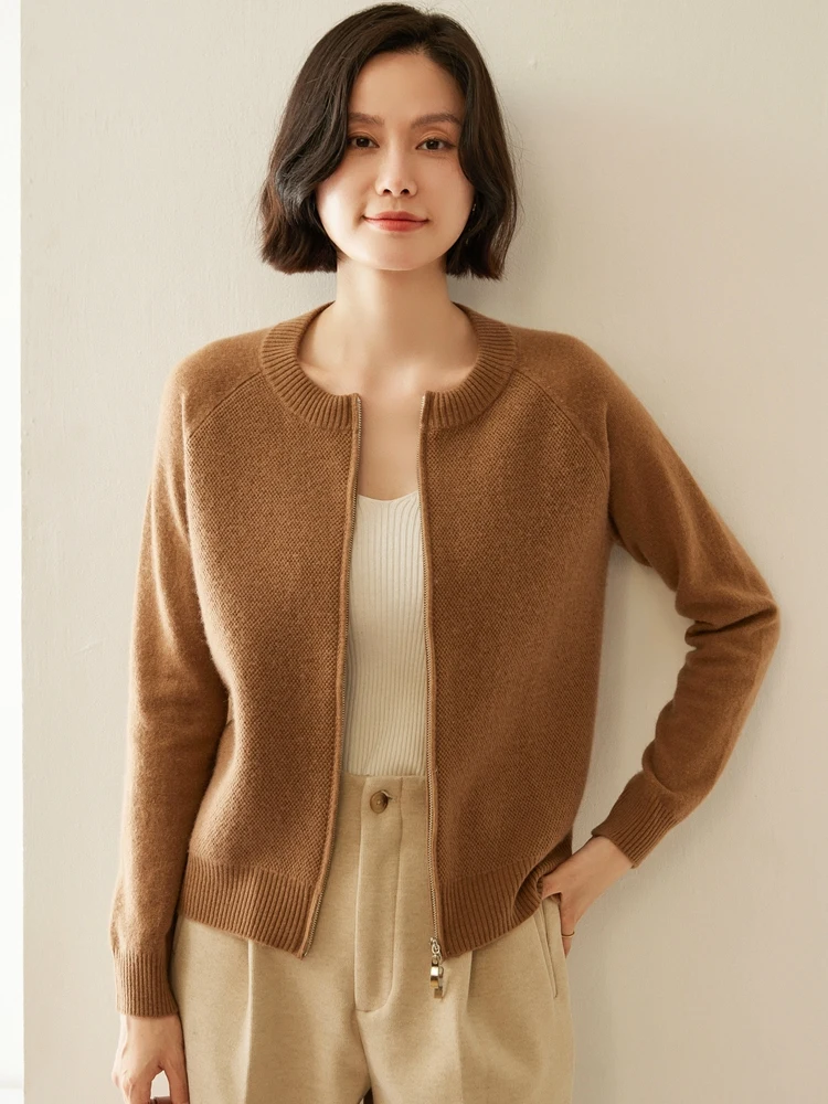 

Standard Cashmere Jacket Women's Round Neck Warm Long Sleeved Solid Color Autumn Winter Zipper Knitted Cardigan Sweater Top