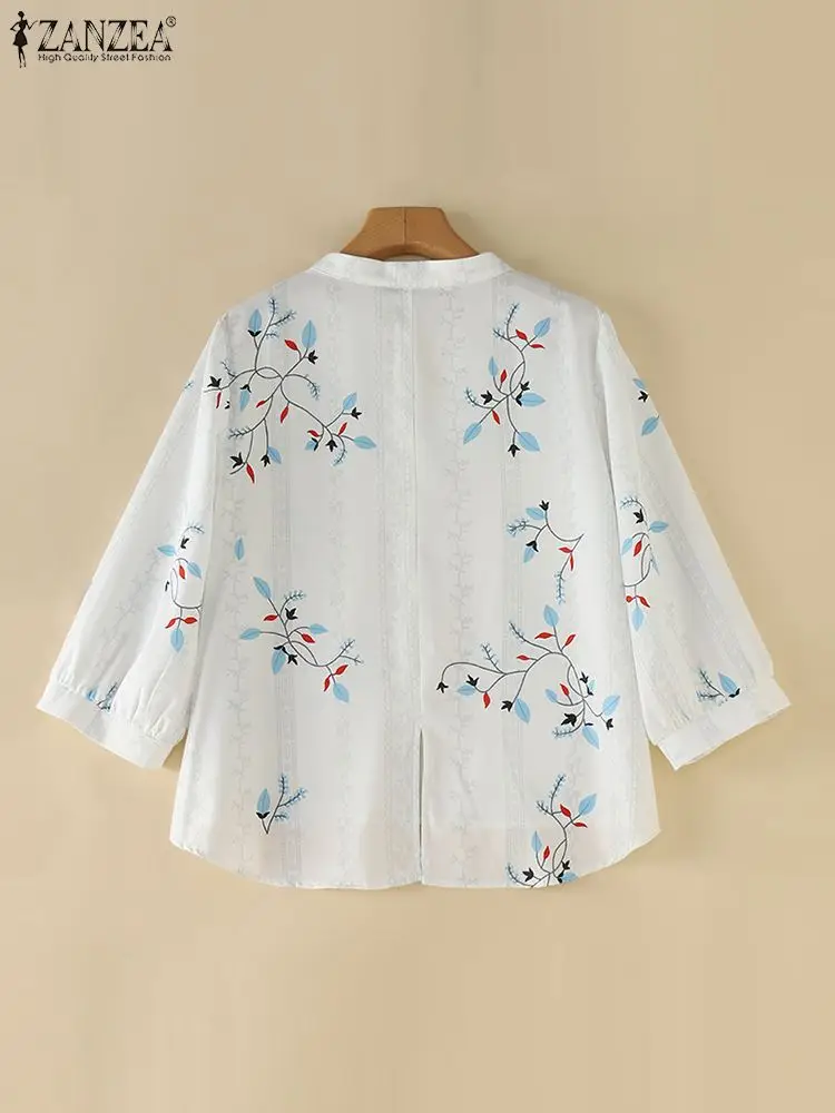 Zanzea Frauen Bohemian Shirts Vintage Blusen 2024 Sommer 3/4 Puff ärmel lässig V-Ausschnitt gedruckt Mode Tunika Tops lose Blusas