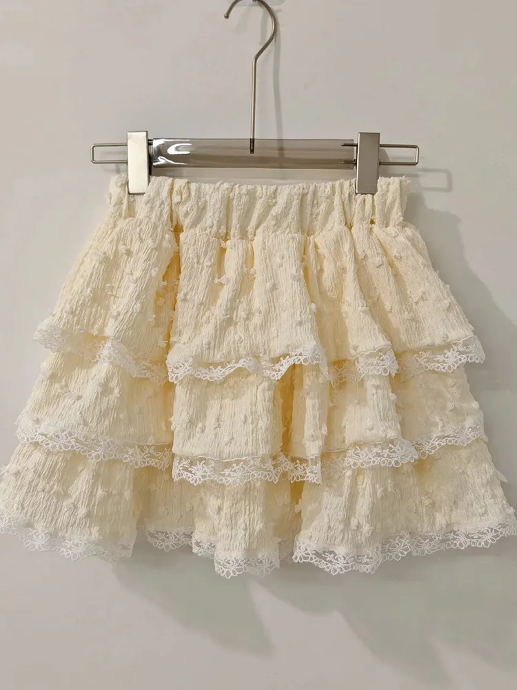 Women Sweet Cake Skirts Summer Lace Patchwork High Waist Cute Mini Skirt Preppy Style Casual Female Japan Kawaii Lace Up Skirt