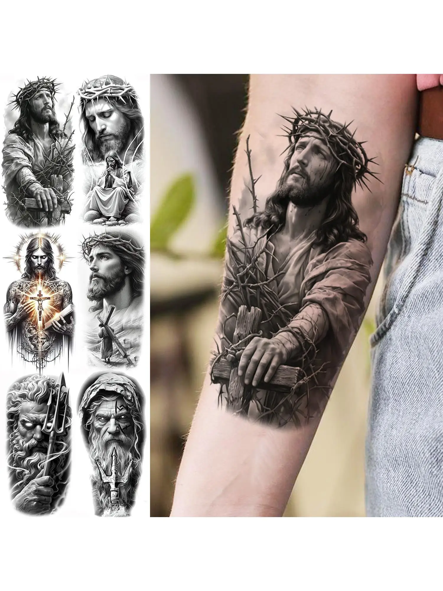 1 feuille imperméable jésus avec épine croisée tatouages temporaires pour hommes femmes réaliste Zeus guerrier Tatoos température faux tatouage autocollant