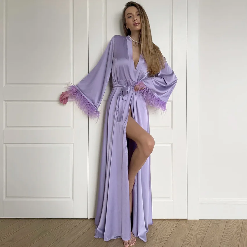 

Luxury Purple Feather Robe Bride Kimono Long Boudoir Robe Wedding Floor Length Maxi Dressing Gown Bridesmaid Silk Satin Robe New