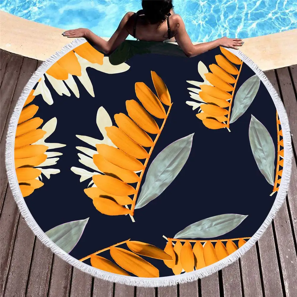 Round Beach Towel Oversized Blanket Palm Leaf Tropical Style Flamingo Print Microfiber Large Round Towel Picnic Absorbent Towel