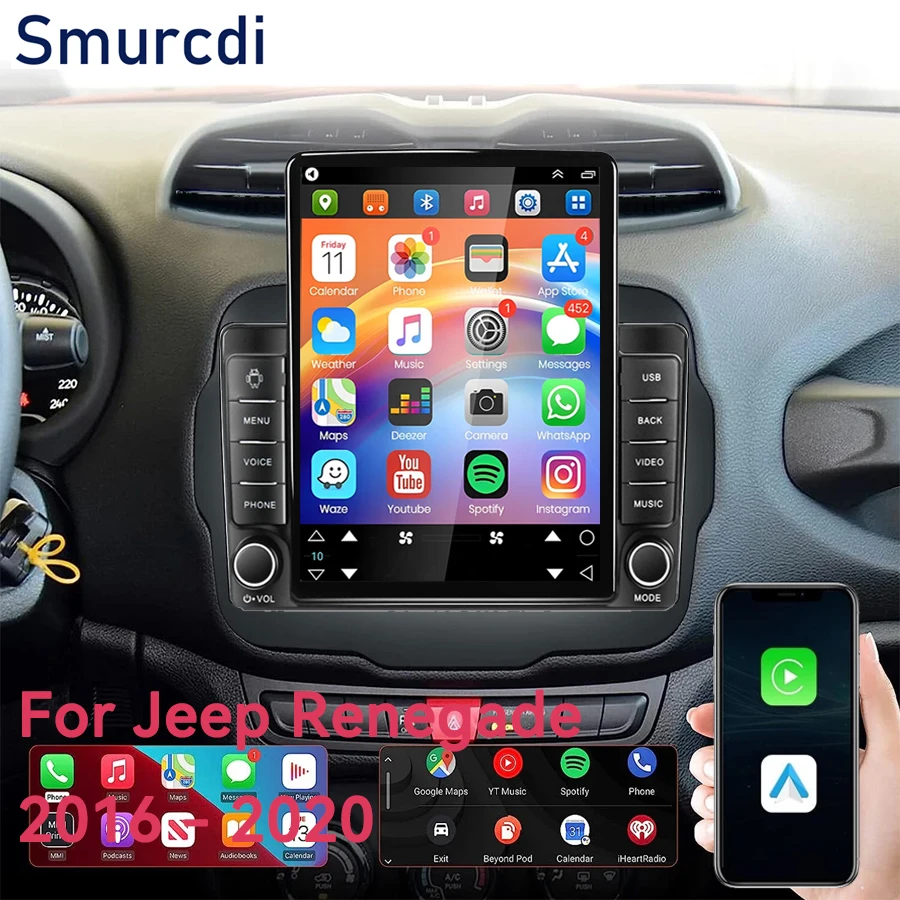 Radio para Auto Android 16 de 9.7 Pulgadas con CarPlay para Jeep Renegade 2016-2020, Radio Multimedia para Auto, Pantalla Vertical, Navegación Estéreo