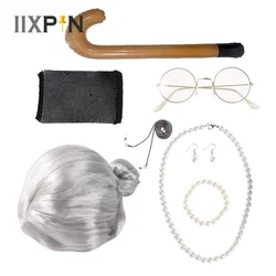 Halloween Old Lady Cosplay Accessories Set 7Pcs Grandma Wig Faux Pearl Jewelry Glasses Inflatable Cane Fancy Dress Costume Props