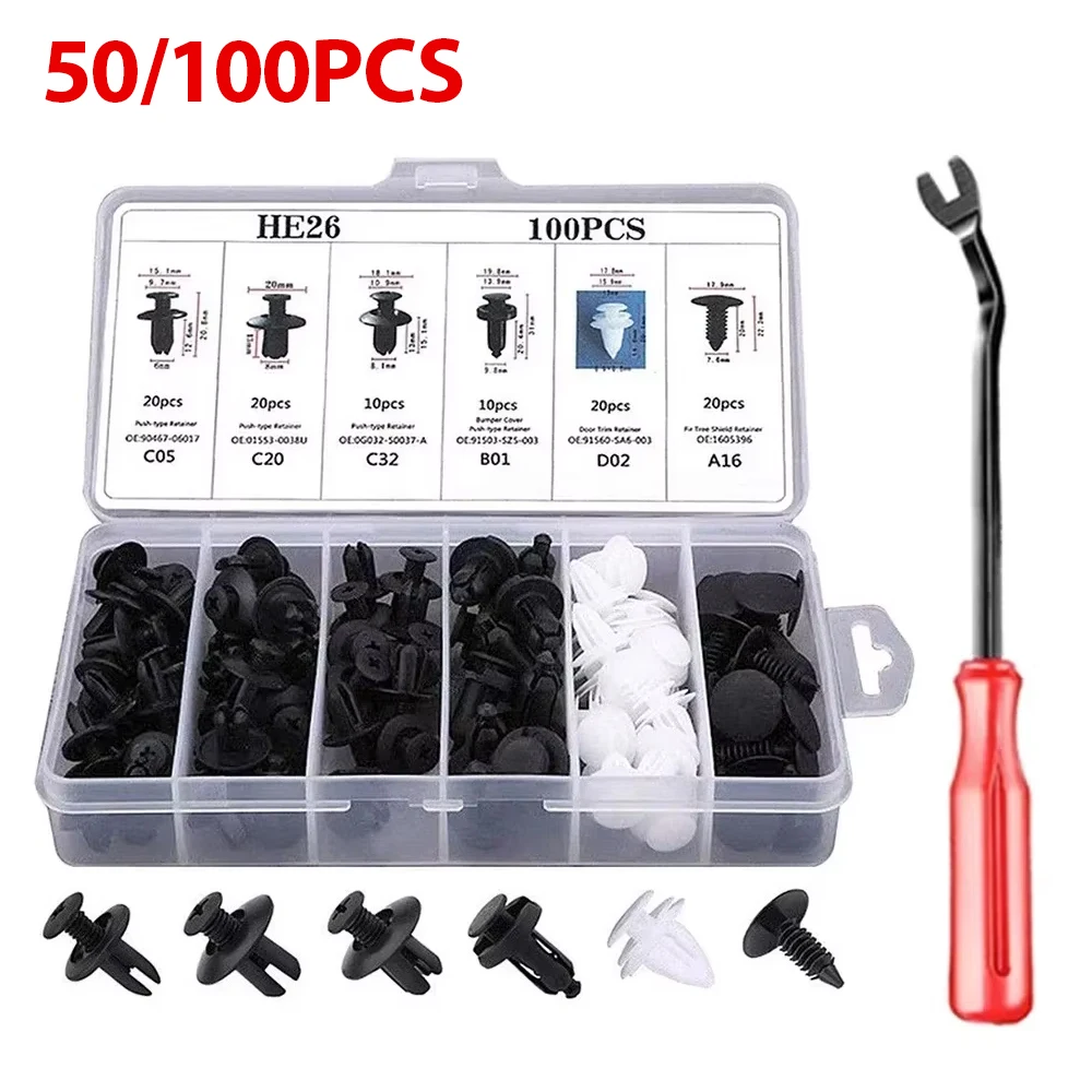 100/50 Caja/Bolsa de Clips de Sujeción para Coche, Surtido de Remaches de Empuje para Carrocería, Kit de Sujeción para Parachoques, Puertas y Paneles, Accesorios para Coche