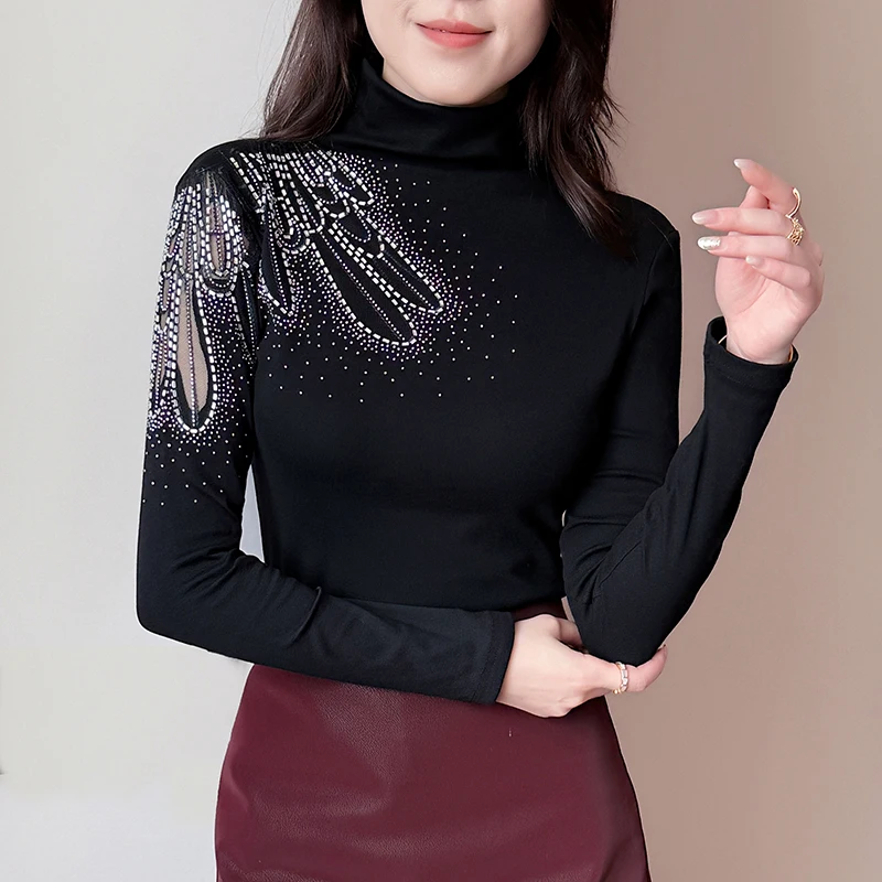 

Женская черная нижняя рубашка в европейском стиле с длинным рукавом, осень-зима, новый полувысокий воротник, лоскутные топы с бриллиантами, тонкая женская футболка