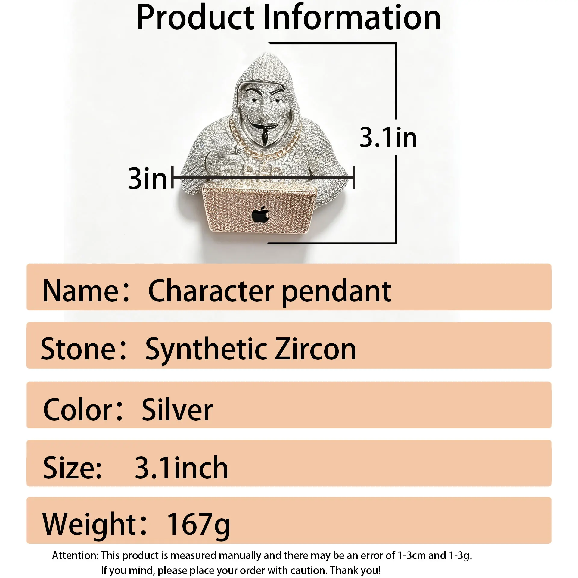 LYEE CYEE Hip Hop Style 3D Character Avatar Holding Computer Pendant Men's and Women's Jewelry Can Be Paired with Cuban Chain Rap Singer Party Accessories Commemorative Gift Valentine's Day Gift Unique Jewelry