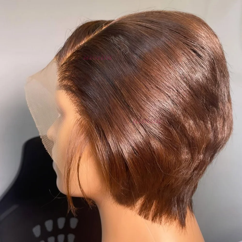 Ombre T1B/4 Braun Kurze Pixie-Cut-Perücken für Frauen Echthaar 200% Glatt Schokoladenbraun Lace-Front-Bob-Perücke Brasilianisches Remy-Haar – Detail 6