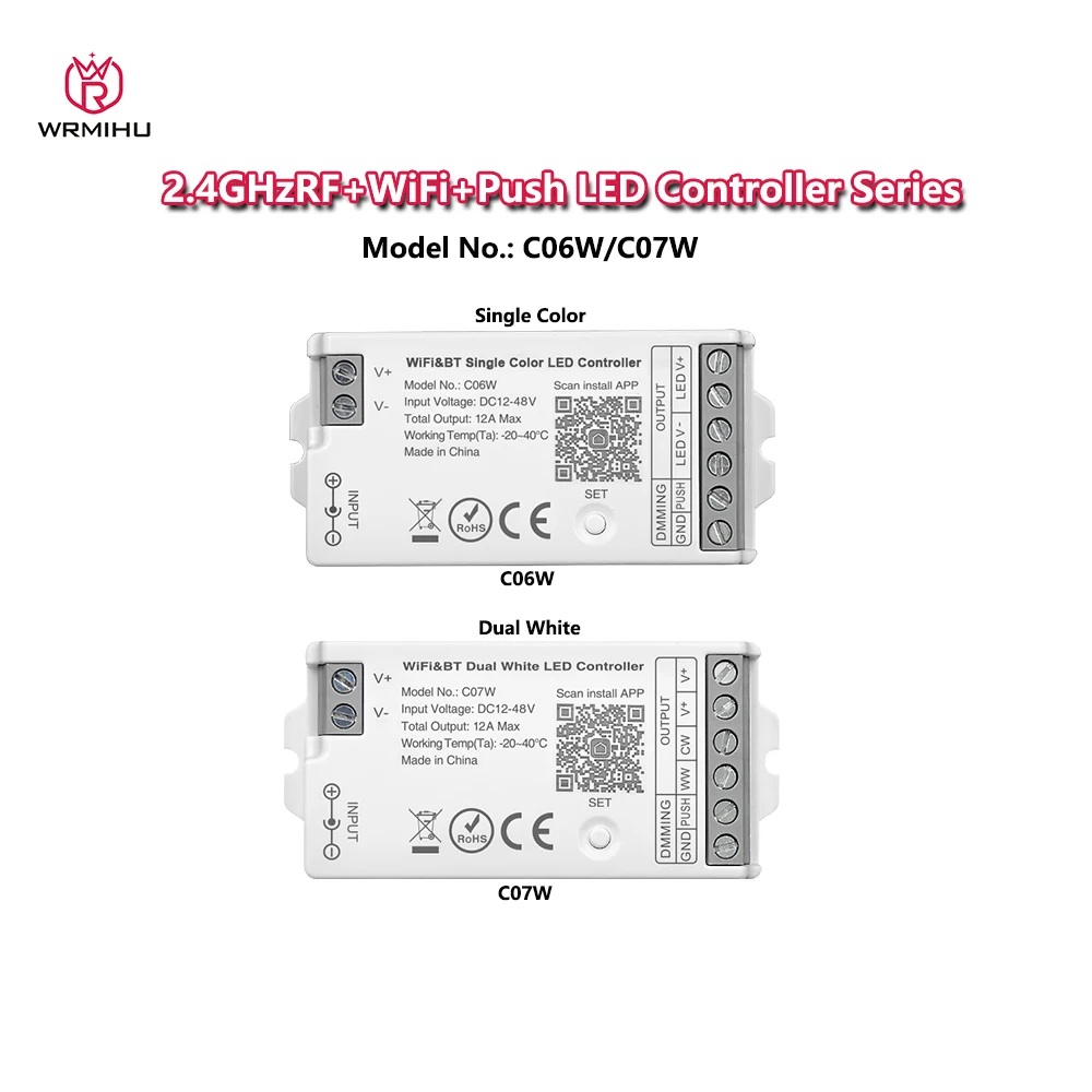 DC12-48V C06W/C07W 2.4GHz RF+WiFi+Push Dim Tuya Voice Control LED Controller Dimmer For Single Color Dual Color LED Strip Light