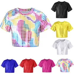 Jazz Dance Costumes Kids Boys Girls Shiny Sequins Short Sleeve Solid Color T-shirt Crop Tops Street Dance Stage Performance Wear