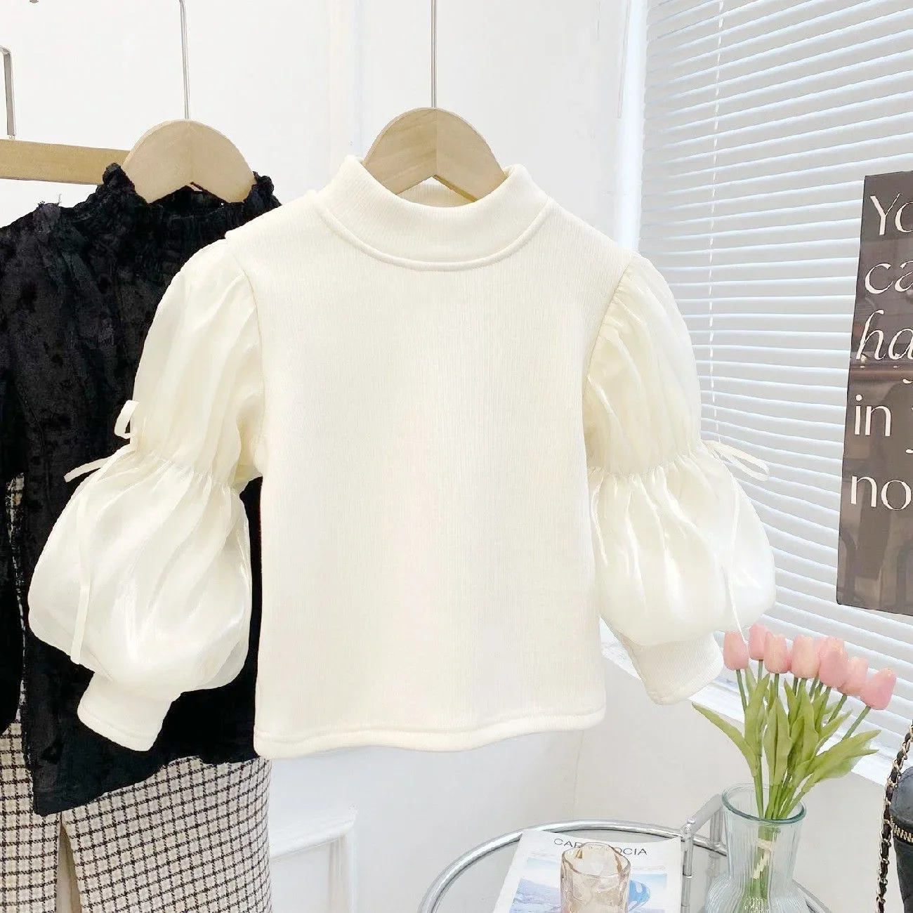 

Fashion Baby Girl Fleece Inside Tshirt Puff Sleeve Infant Toddler Child Warm Blouses Spring Autumn Winter Baby Clothes E4194