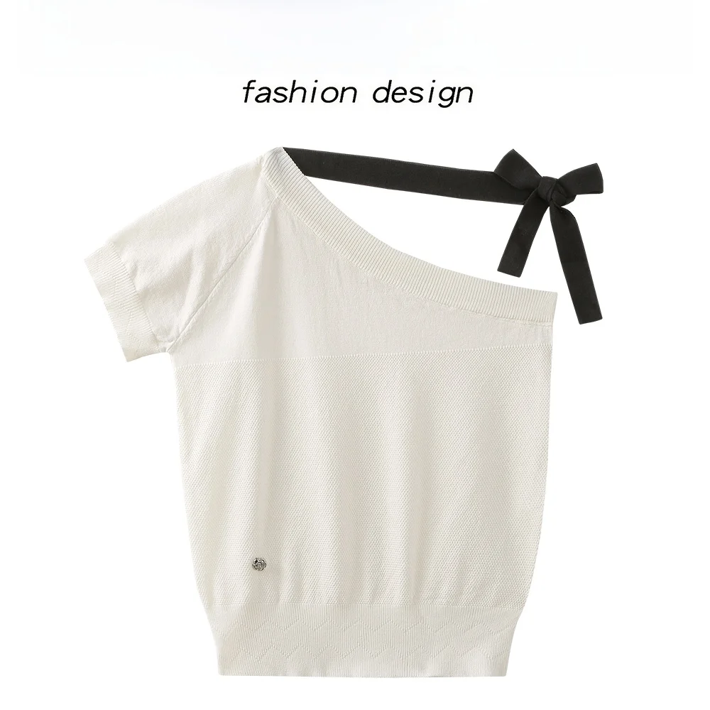 

Chenjiazhen Ele Agel Chic Design Белый вязаный женский топ с полой на плечах, летний облегающий трикотаж Faion