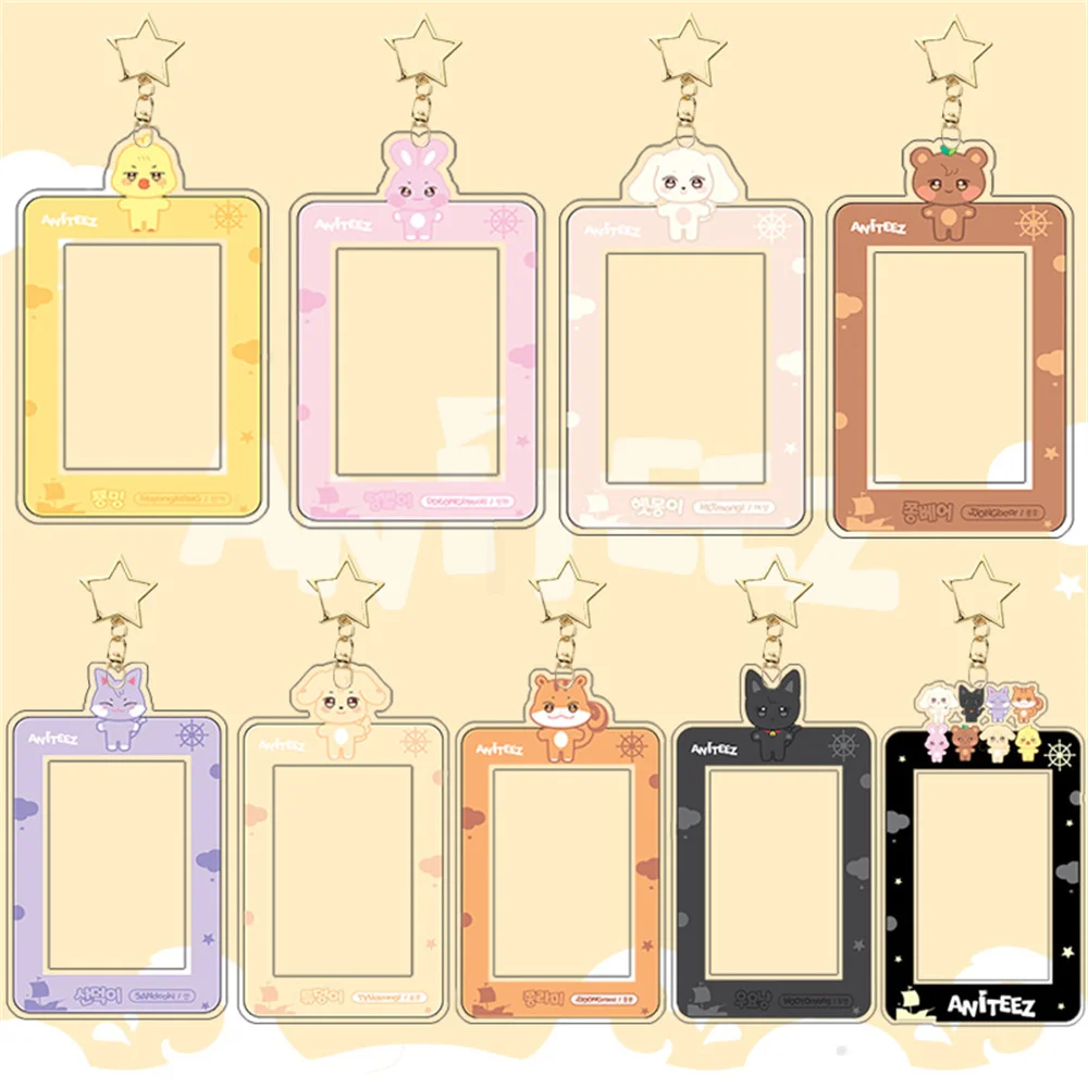 Kpop ATEEZ Acrylic Card Sleeve Keychain Cartoon Cute Small Card Storage With 8Pcs Photocard MINGI YUNHO SEONGHWA Fans Colelction