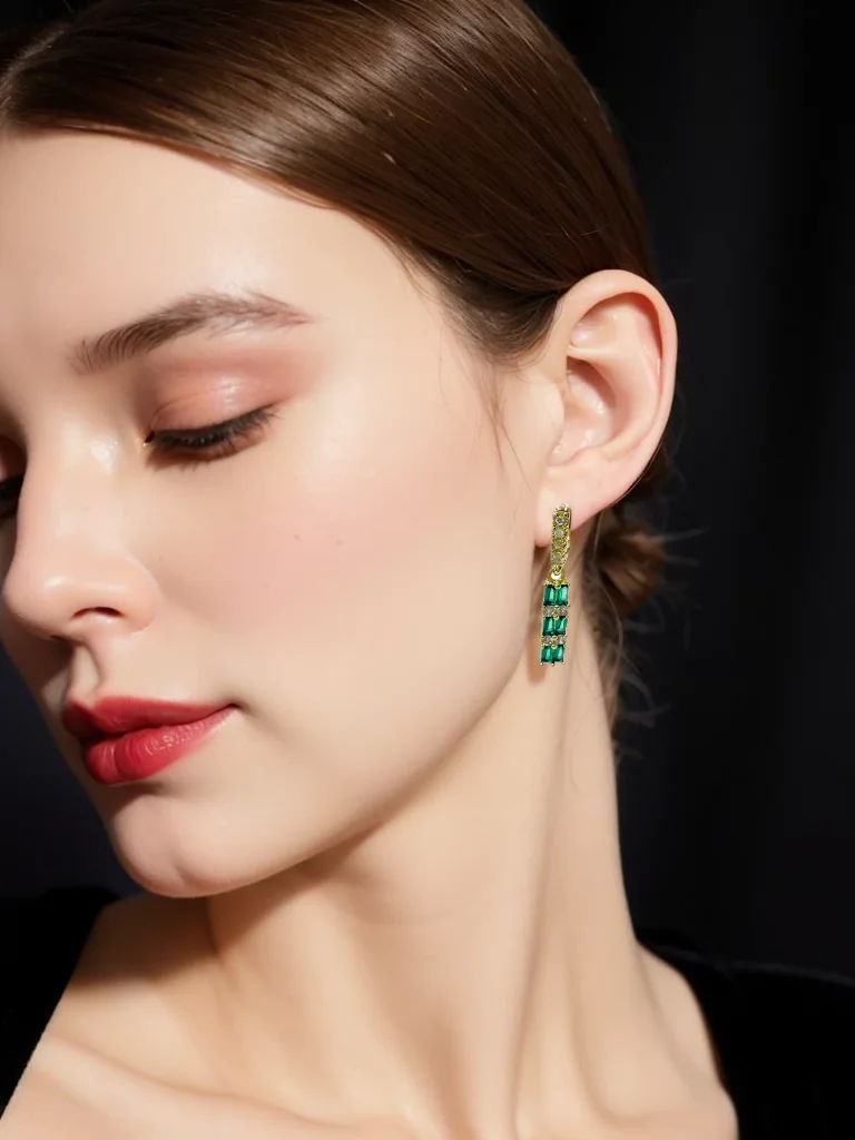 know dream Green zircon earrings are fashionable Vintage rhinestone copper plated gold earrings Green dark red high-grade Europe