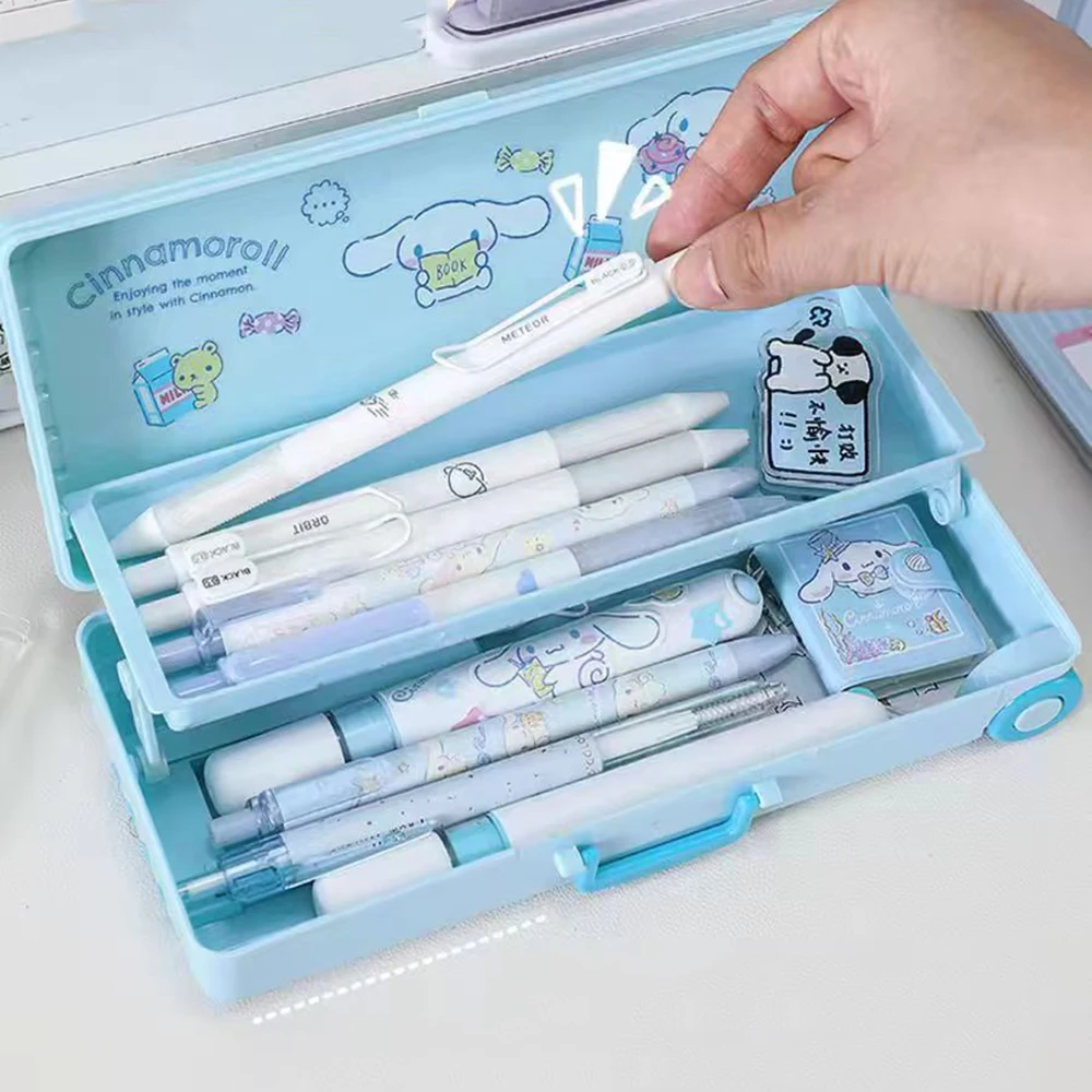 1PC Trolley Case Stationery Box Double-layer Large Capacity Plastic Multi-Function Pencil Box Suitable for School Pencil Boxes