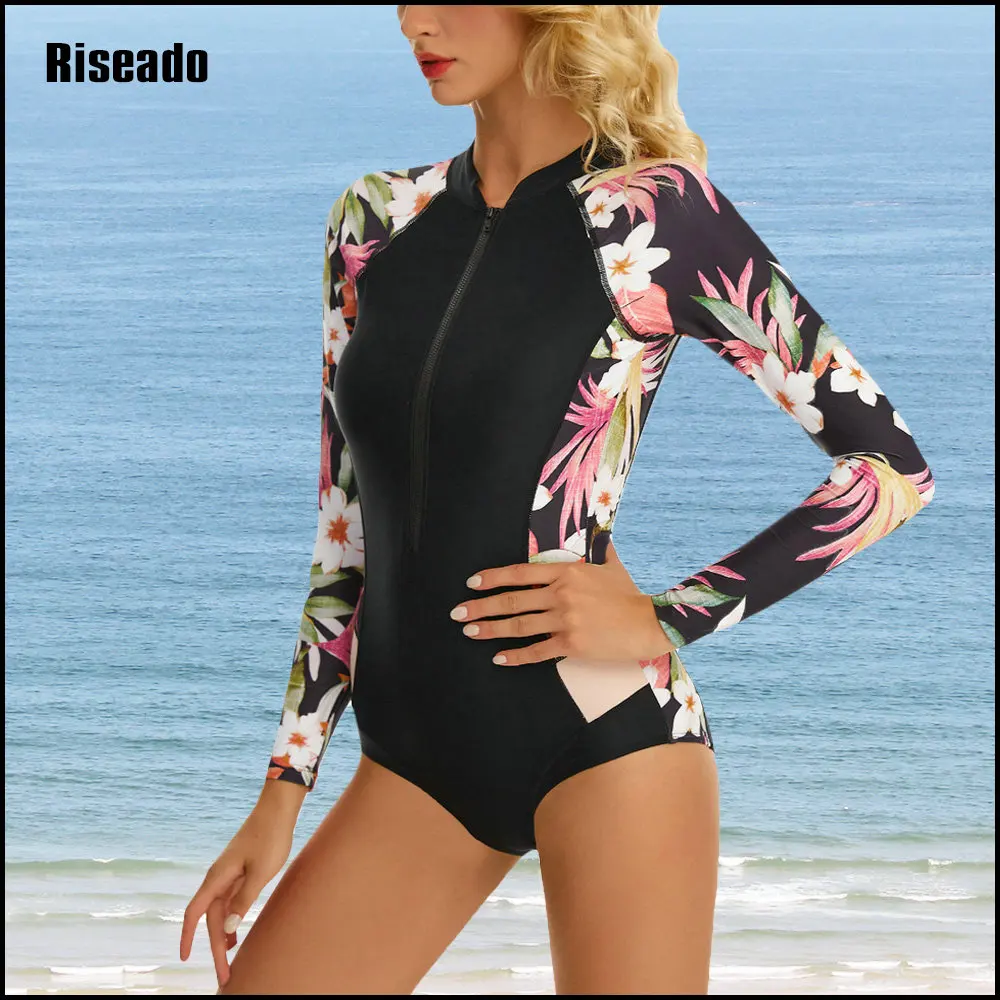 Women One Piece Swimsuit Ruffle Zip Front Tie Tummy Control Bathing Suits Long Sleeve Swimwear