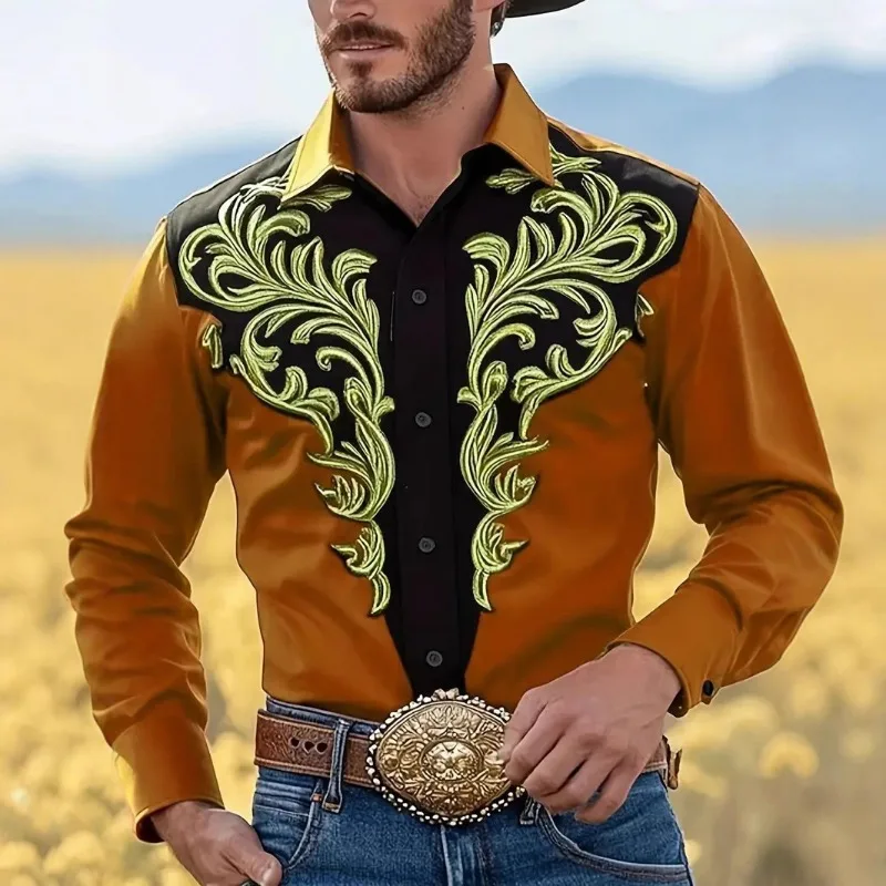 Mens Vintage Western Embroidery Long Sleeve Shirt Soft Stretch Wrinkle Resistant Casual Blouse