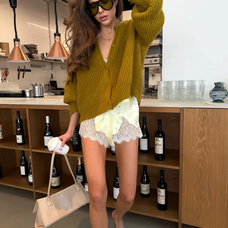 

Tornova Lace Floral Wide-leg Shorts For Women 2025 Autumn New Fashion High Waist Shorts Satin Splice Female Casual Commuting