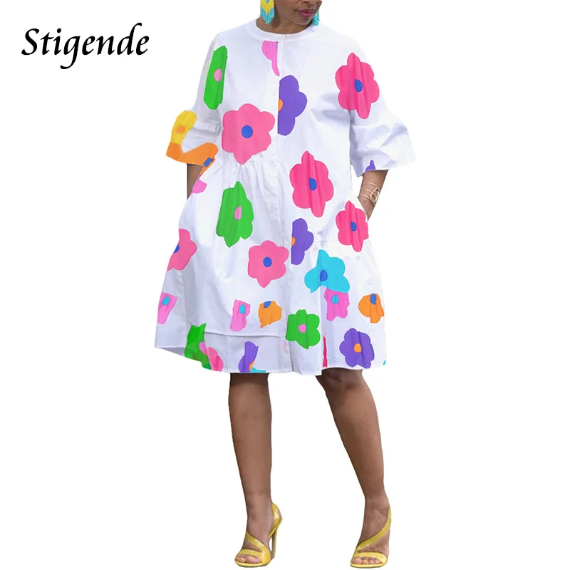 

Women Floral Print Single Breasted Loose Asymmetrical Midi Shirt Dress with Pocket