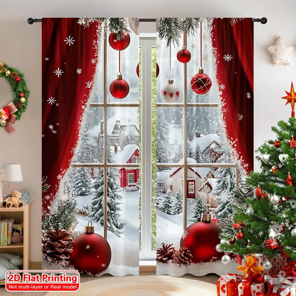 Boho Christmas Curtains 2pcs, Vibrant HD Digital Print Rod Pocket 2D Flat for Living Room Bedroom Study Room Festival Decor
