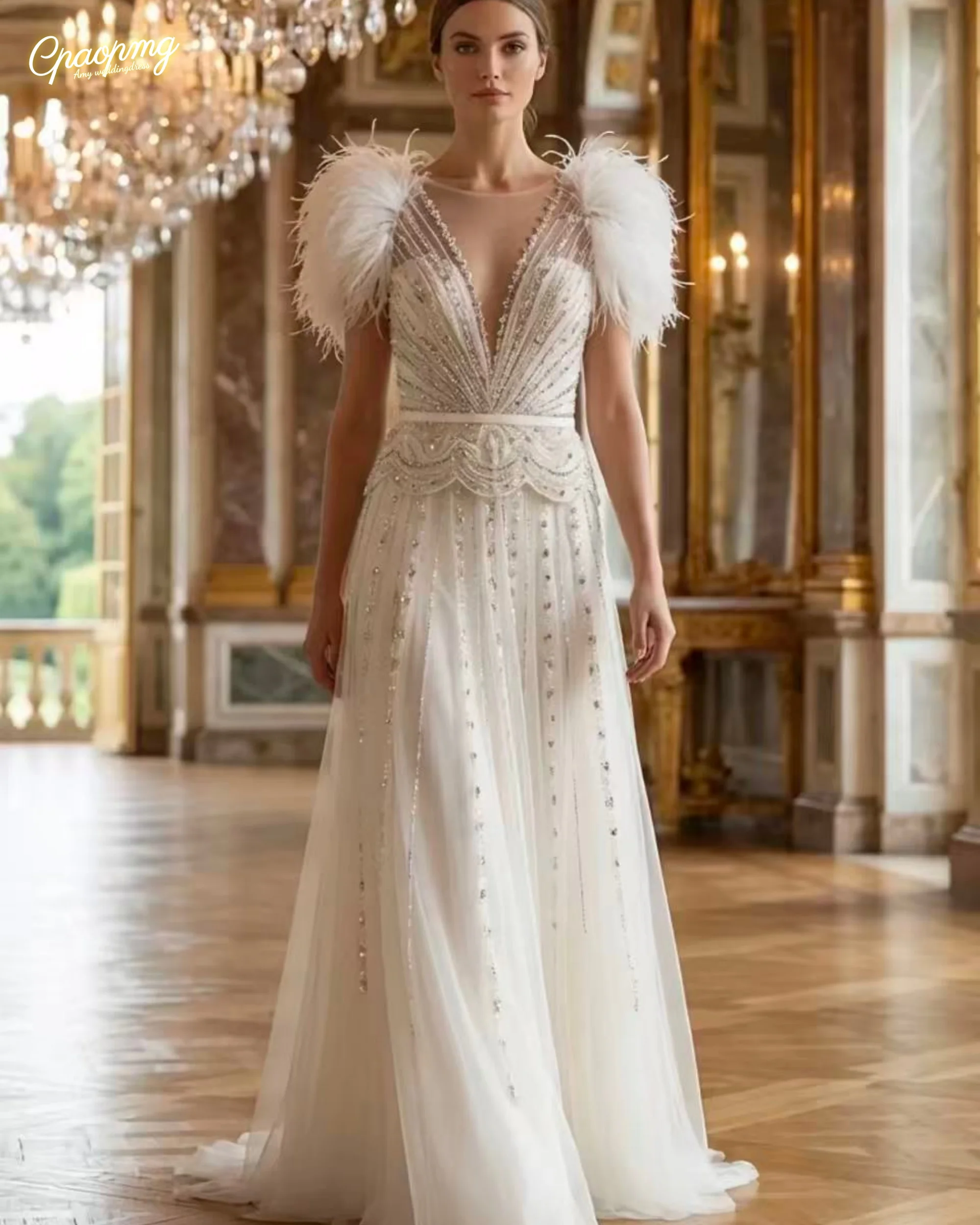 

Customized Sexy A Line Chiffon Beach Wedding Dresses with Feather Summer New Side Split Bridal Gowns for Women