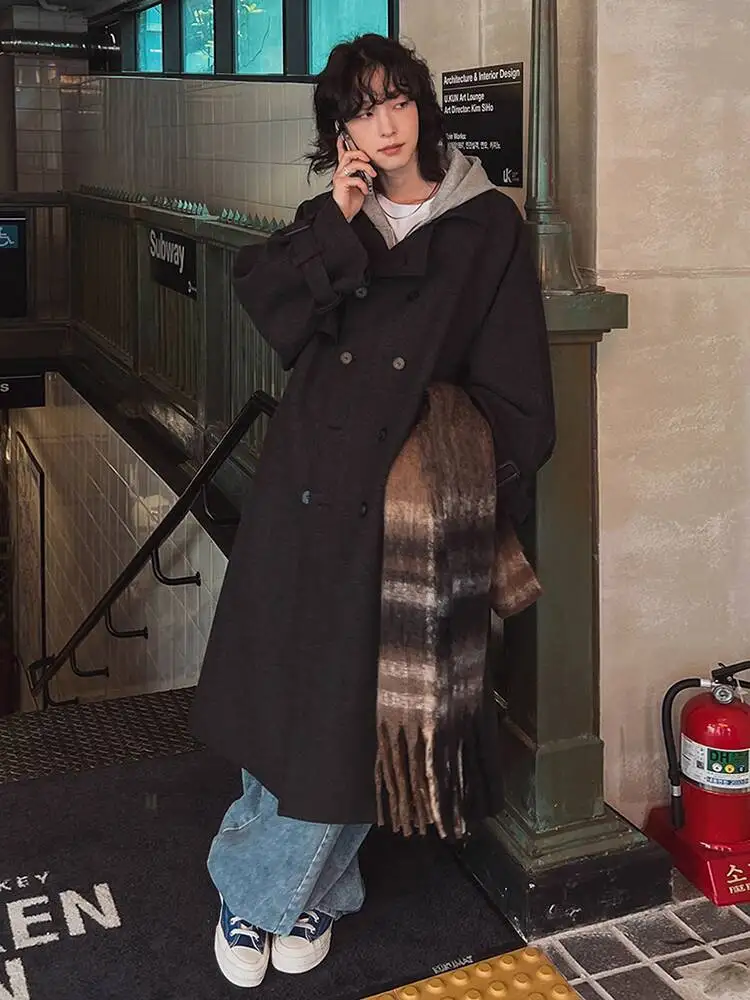 

2025 Winter Korean Style Men Woolen Coat Solid Color Turn-down Collar Double Breasted Casual Overknee Male Overcoats