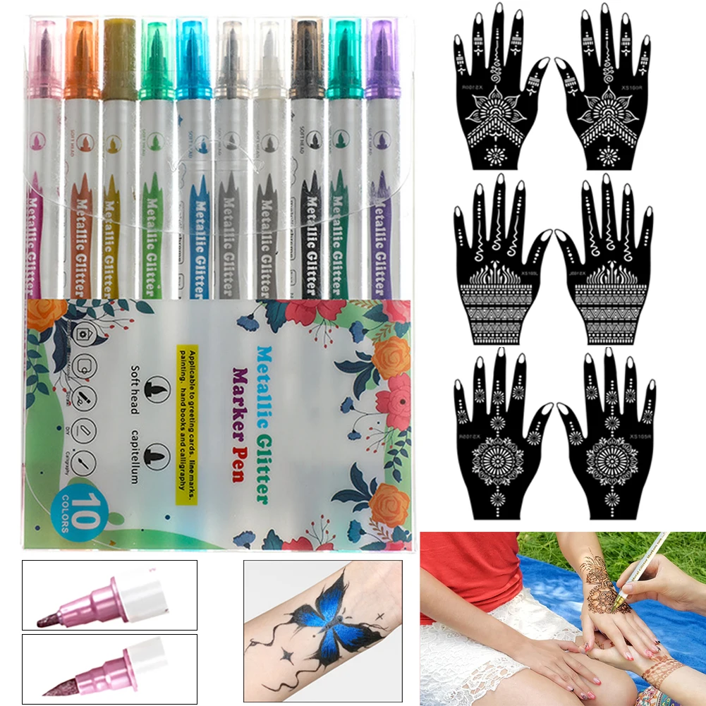 

Temporary Tattoo Markers for Skin, 10pcs Body Marker Pen + 6 sheets Henna Temporary Tattoo Stencils Dual-End Tattoo Pens