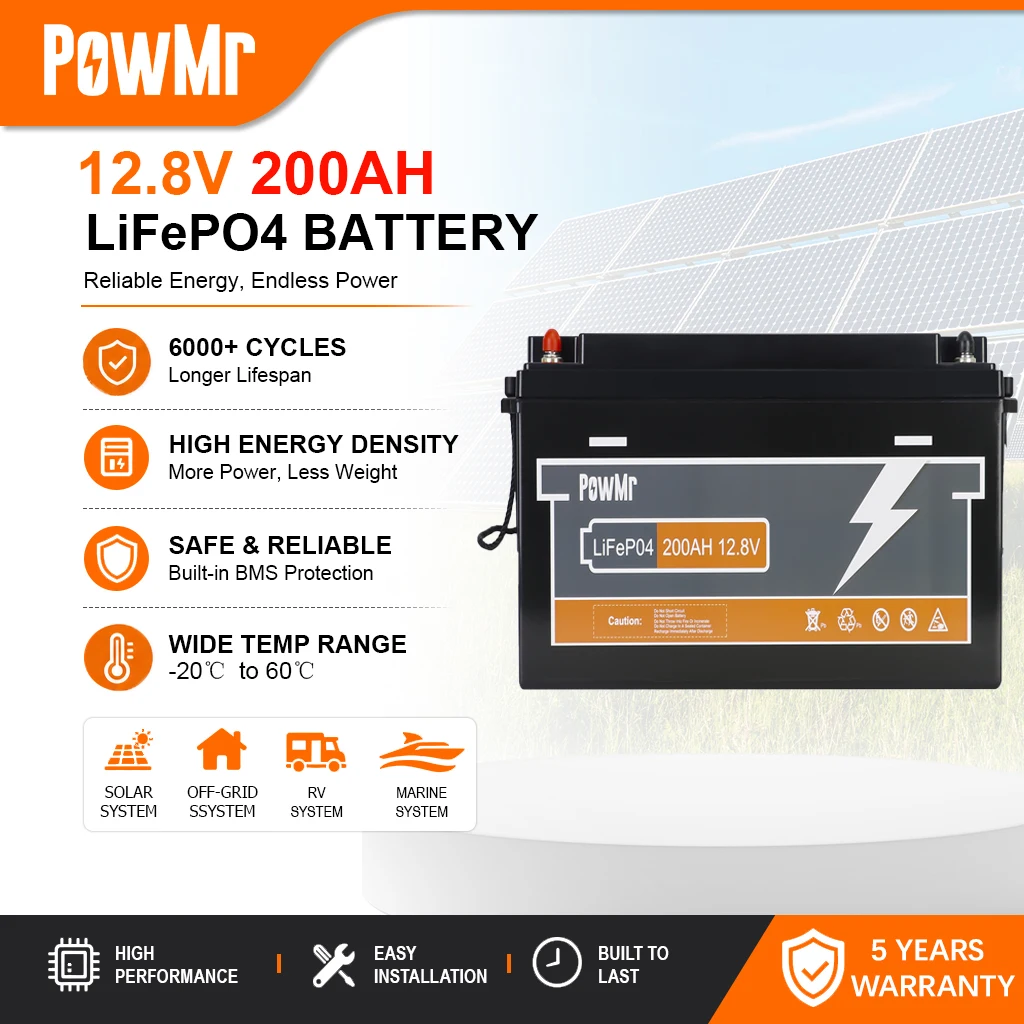 Batterie LiFePO4 PowMr 12,8 V 200 Ah avec BMS intégré, 2560 Wh, cycle profond, au phosphate de fer et de lithium, max. 4S4P pour stockage d'énergie solaire, camping-car, bateau, hors réseau, UPS