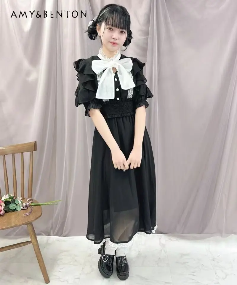 

Japanese Rojita Mine Elegant Dress for Girls High Waist Bow Tie Waist-Tight Long Dress Female A Line Lolita Dress